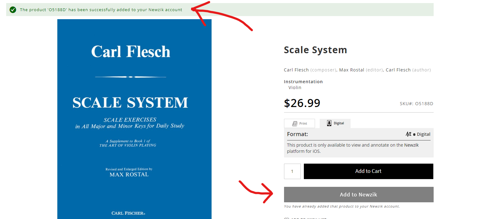 Product Page after Add to Newzik success.